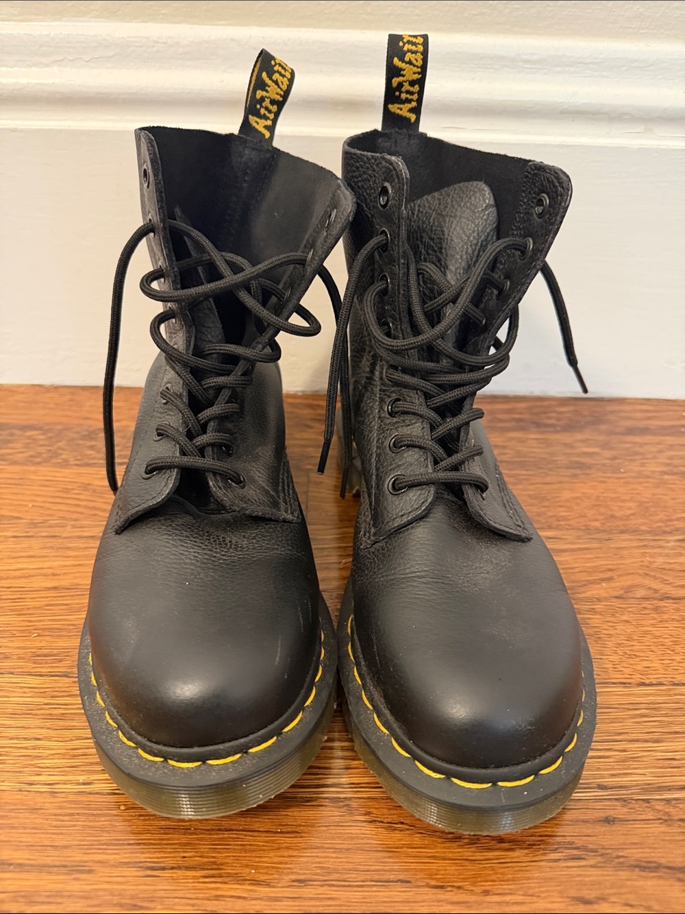 Dr. Martens Black Leather Lace-Up Combat Boots with Yellow Stitching